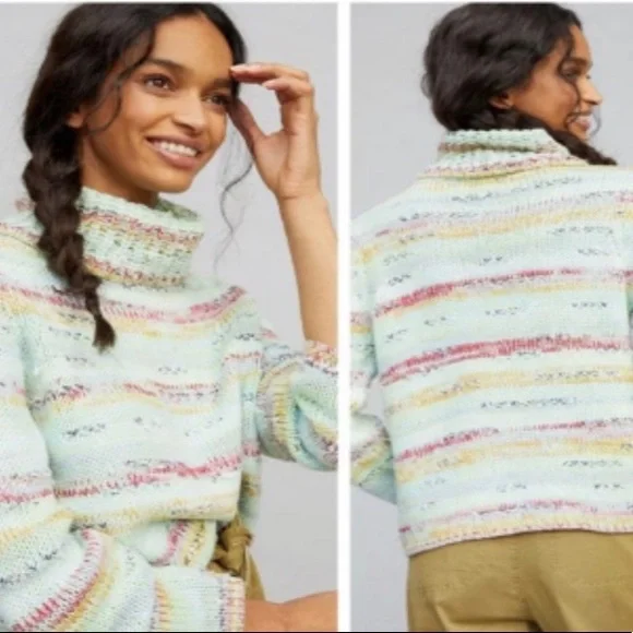 Anthropologie Sweater Elysa Cropped Turtleneck Sweater Knit Multi Colored Winter - Picture 2 of 10